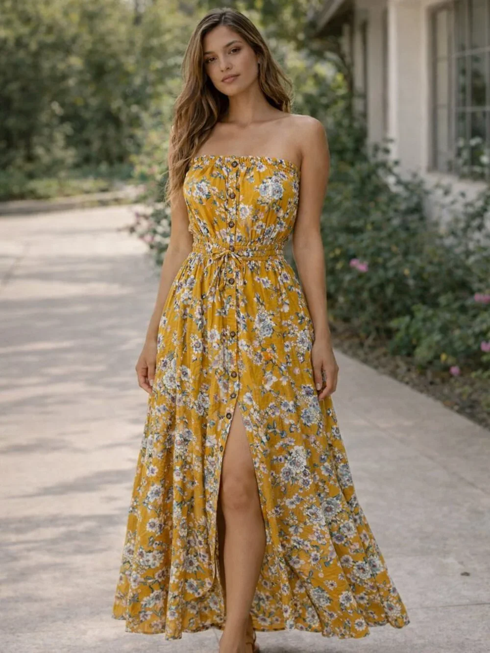 Socialite Strapless Floral Maxi Dress Yellow Smocked Waist Slit Size S - Picture 1 of 5